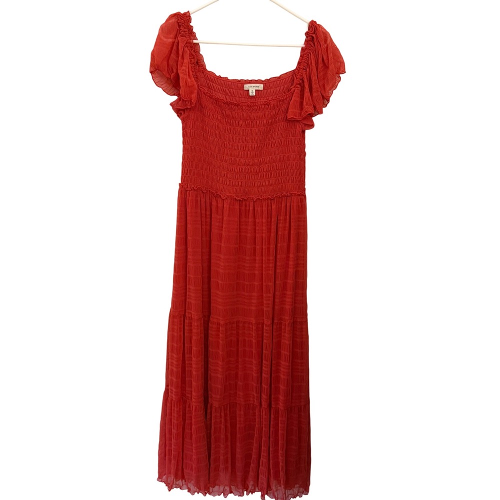 Max Studio Smocked Midi Dress Womens Medium Red Excellent Tiered Chiffon Flutter
